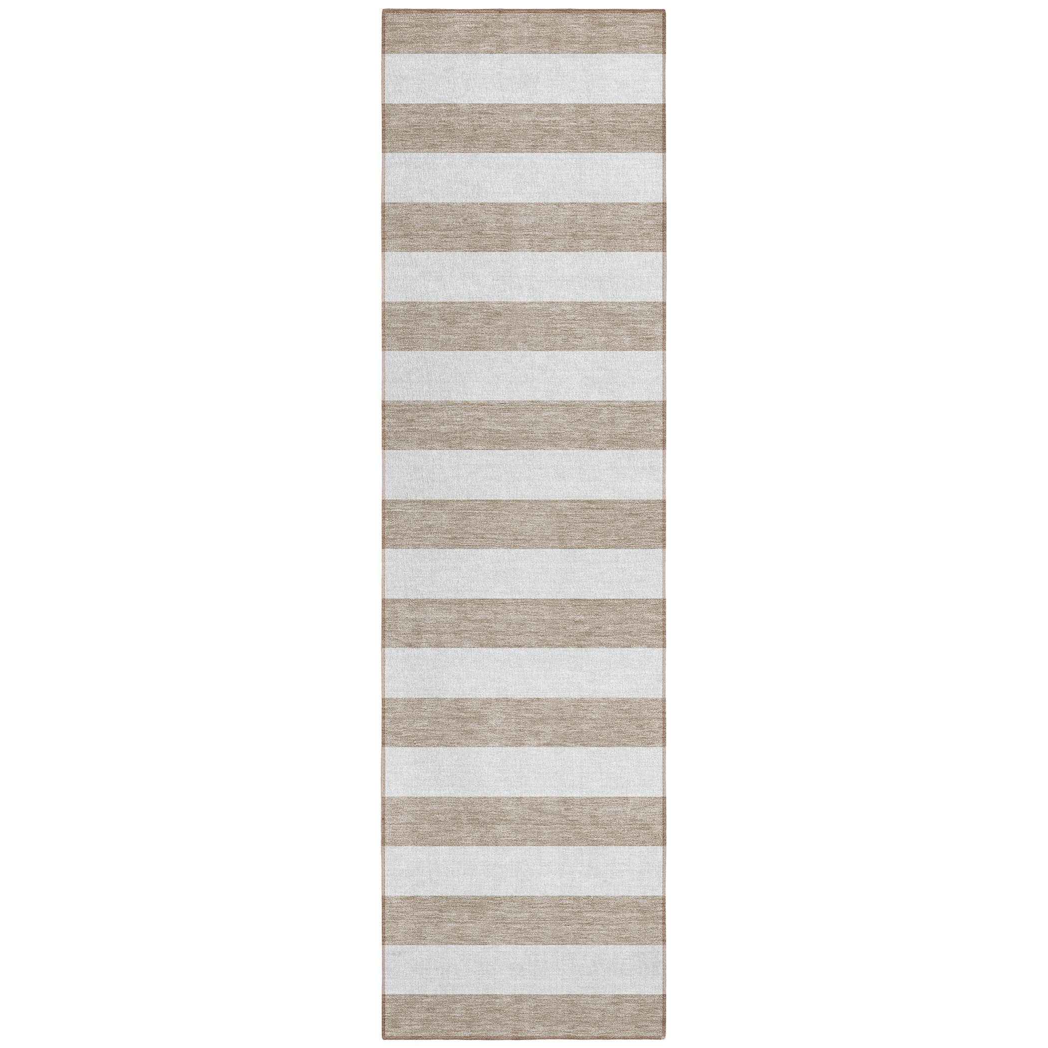 2' X 8' Taupe and White Striped Washable Indoor Outdoor Runner Rug