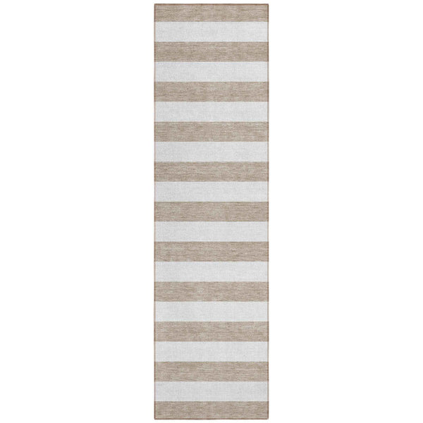 2' X 8' Taupe and White Striped Washable Indoor Outdoor Runner Rug