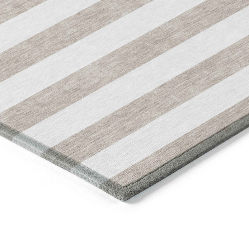 2' X 8' Taupe and White Striped Washable Indoor Outdoor Runner Rug