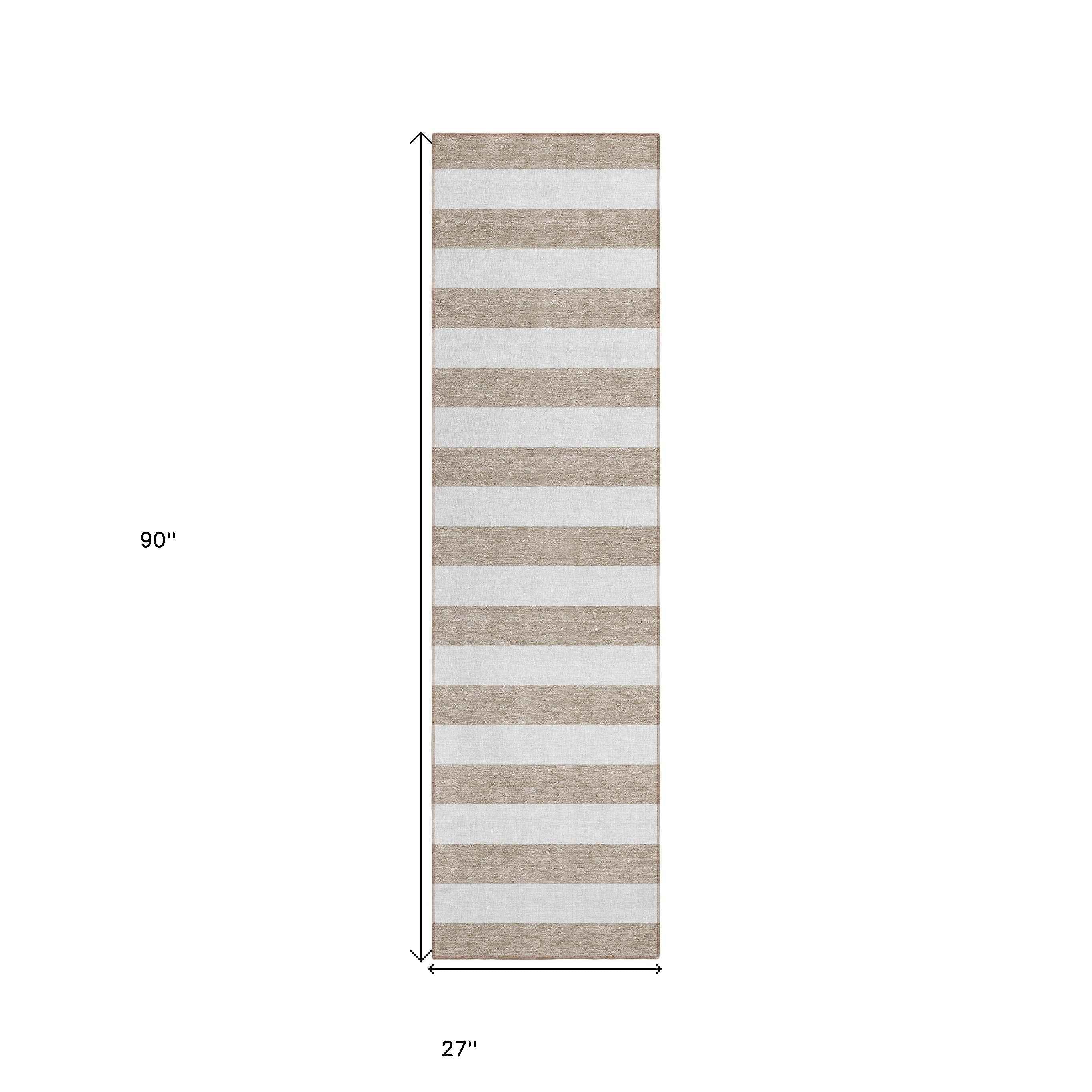 2' X 8' Taupe and White Striped Washable Indoor Outdoor Runner Rug