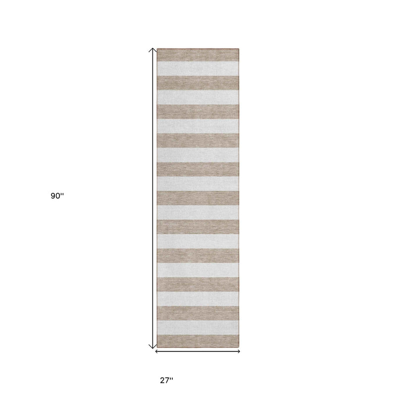 2' X 8' Taupe and White Striped Washable Indoor Outdoor Runner Rug