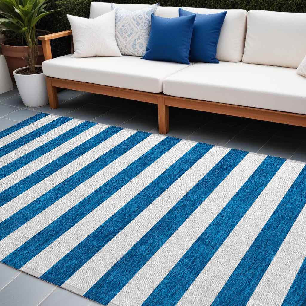 9' X 12' Navy Blue Striped Washable Non Skid Indoor Outdoor Area Rug