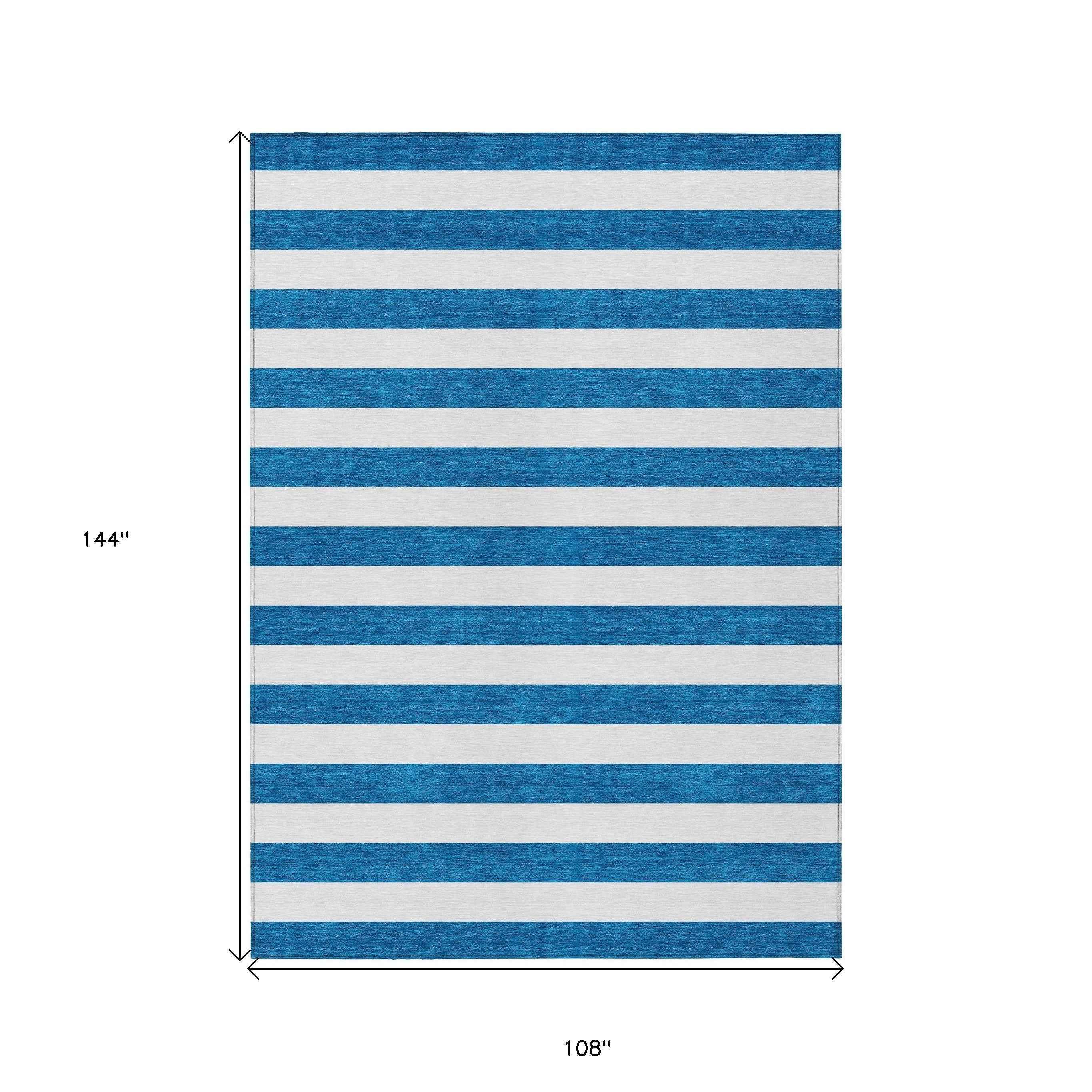 9' X 12' Navy Blue Striped Washable Non Skid Indoor Outdoor Area Rug