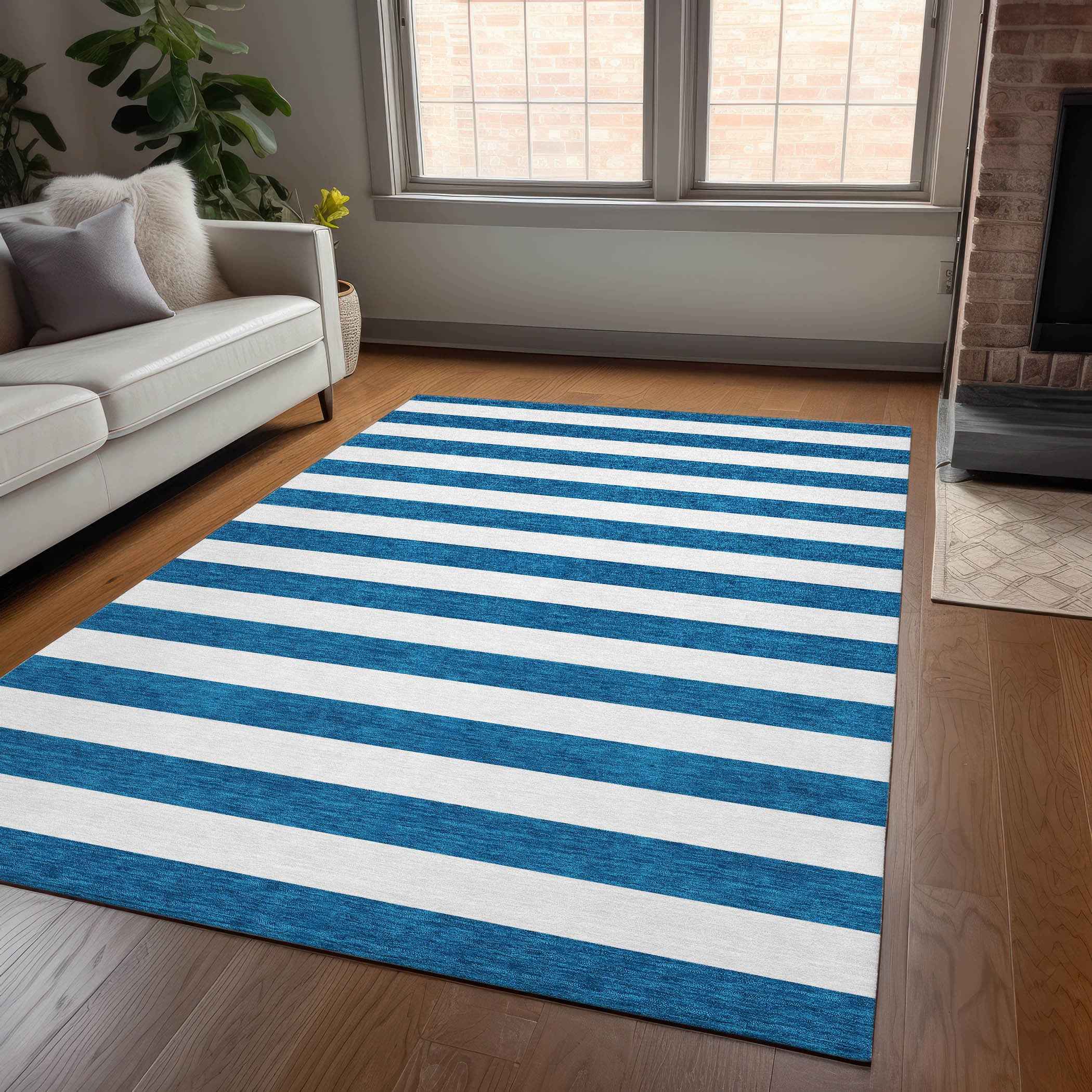 9' X 12' Navy Blue Striped Washable Non Skid Indoor Outdoor Area Rug