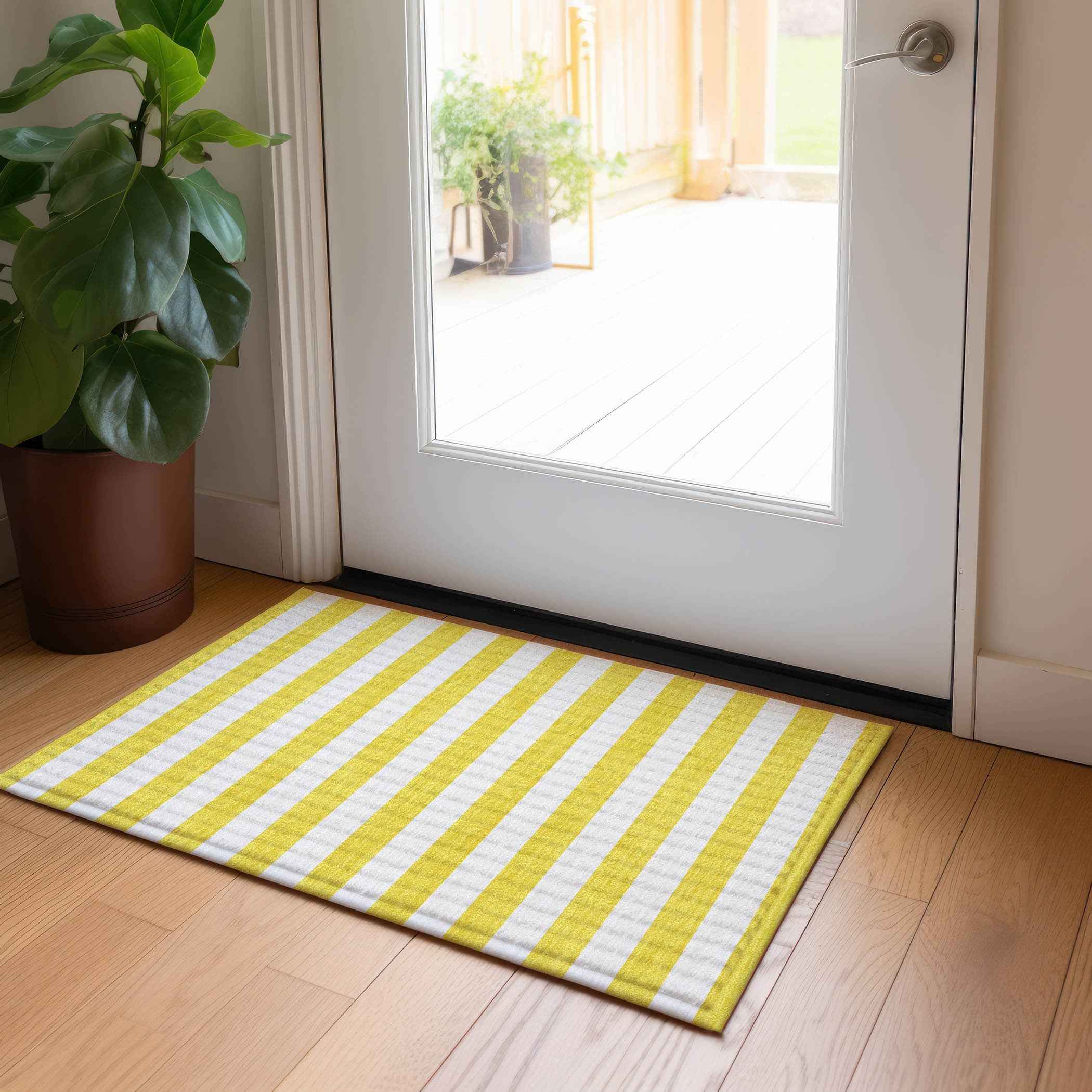2' X 3' Yellow and White Striped Washable Indoor Outdoor Area Rug