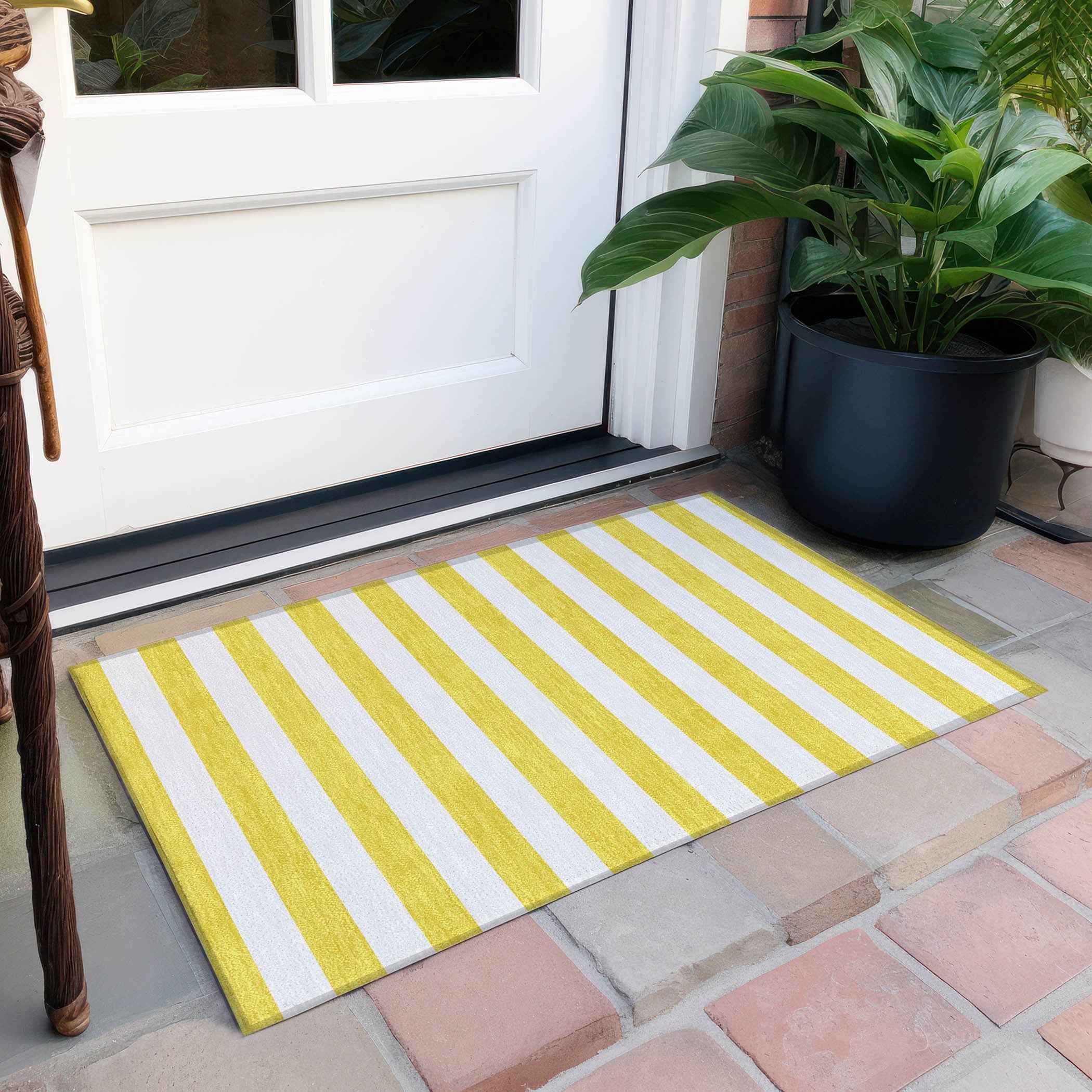 2' X 3' Yellow and White Striped Washable Indoor Outdoor Area Rug