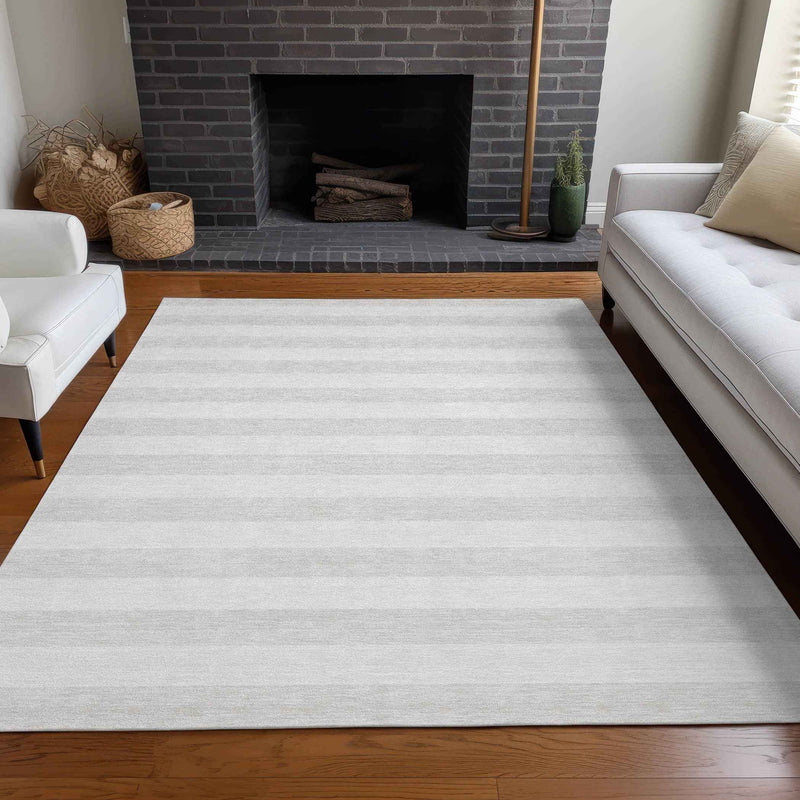 9' X 12' Ivory Striped Washable Indoor Outdoor Area Rug