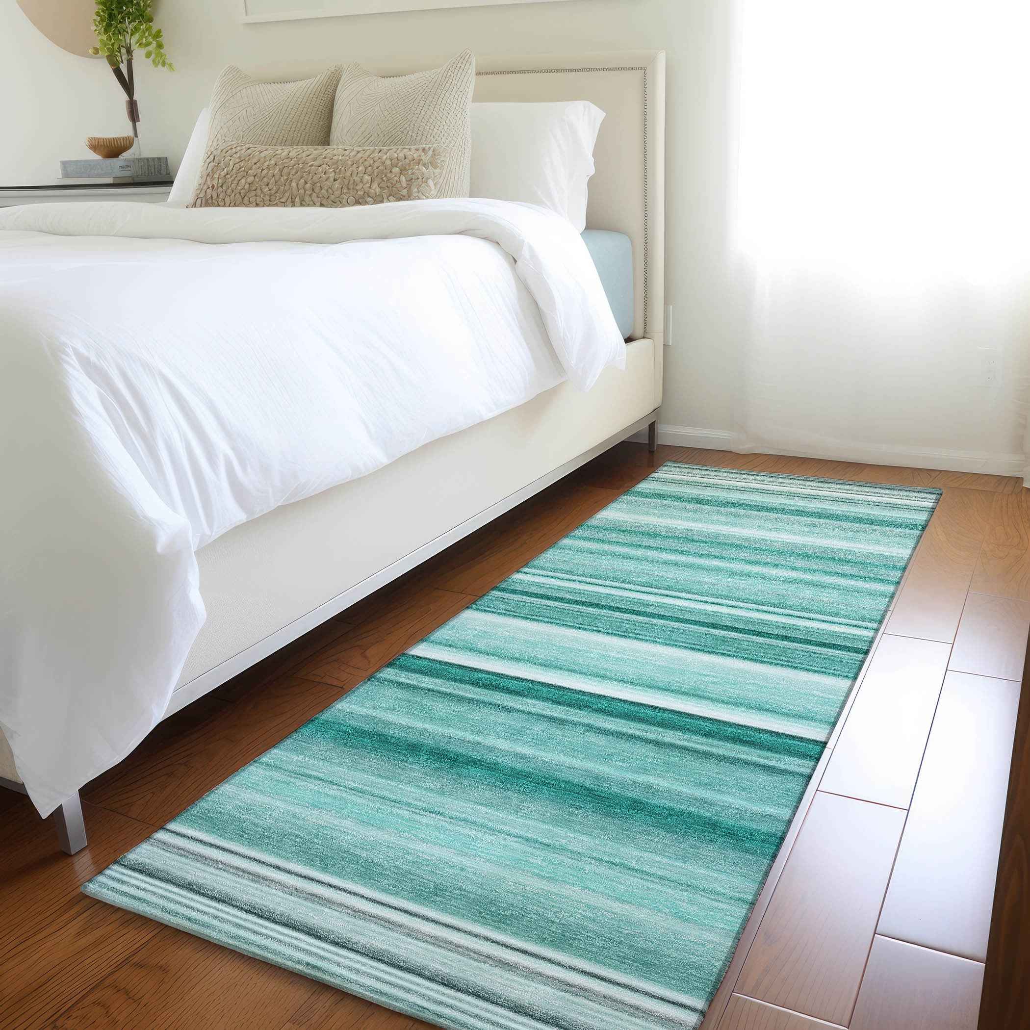 2' X 8' Aqua Striped Washable Indoor Outdoor Runner Rug