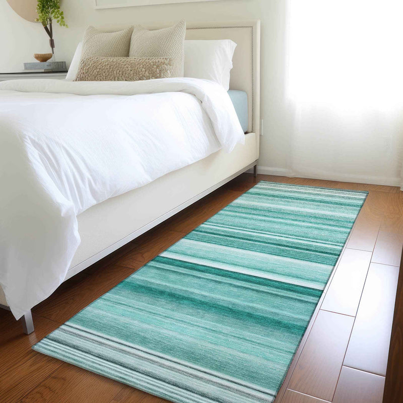 2' X 8' Aqua Striped Washable Indoor Outdoor Runner Rug