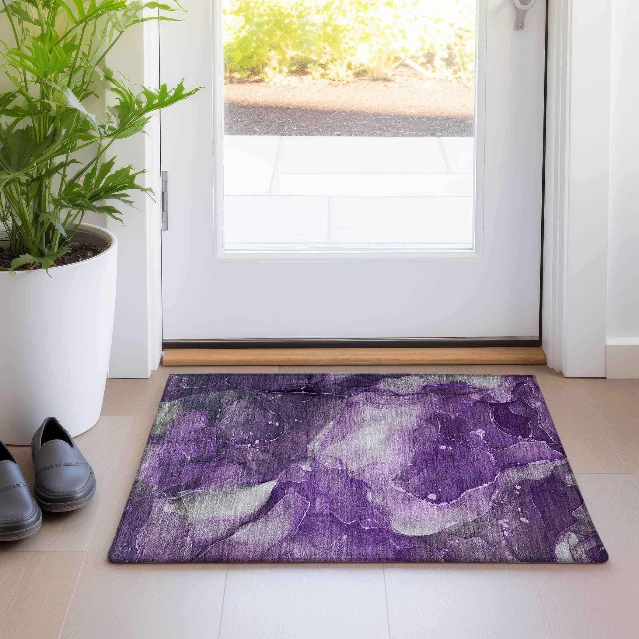 2' X 3' Purple Abstract Washable Non Skid Indoor Outdoor Area Rug
