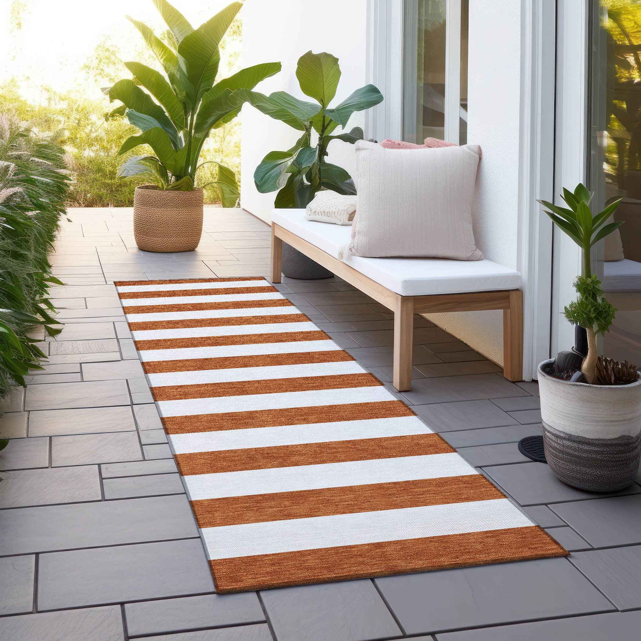 8' Runner Orange Striped Washable Non Skid Indoor Outdoor Runner Rug