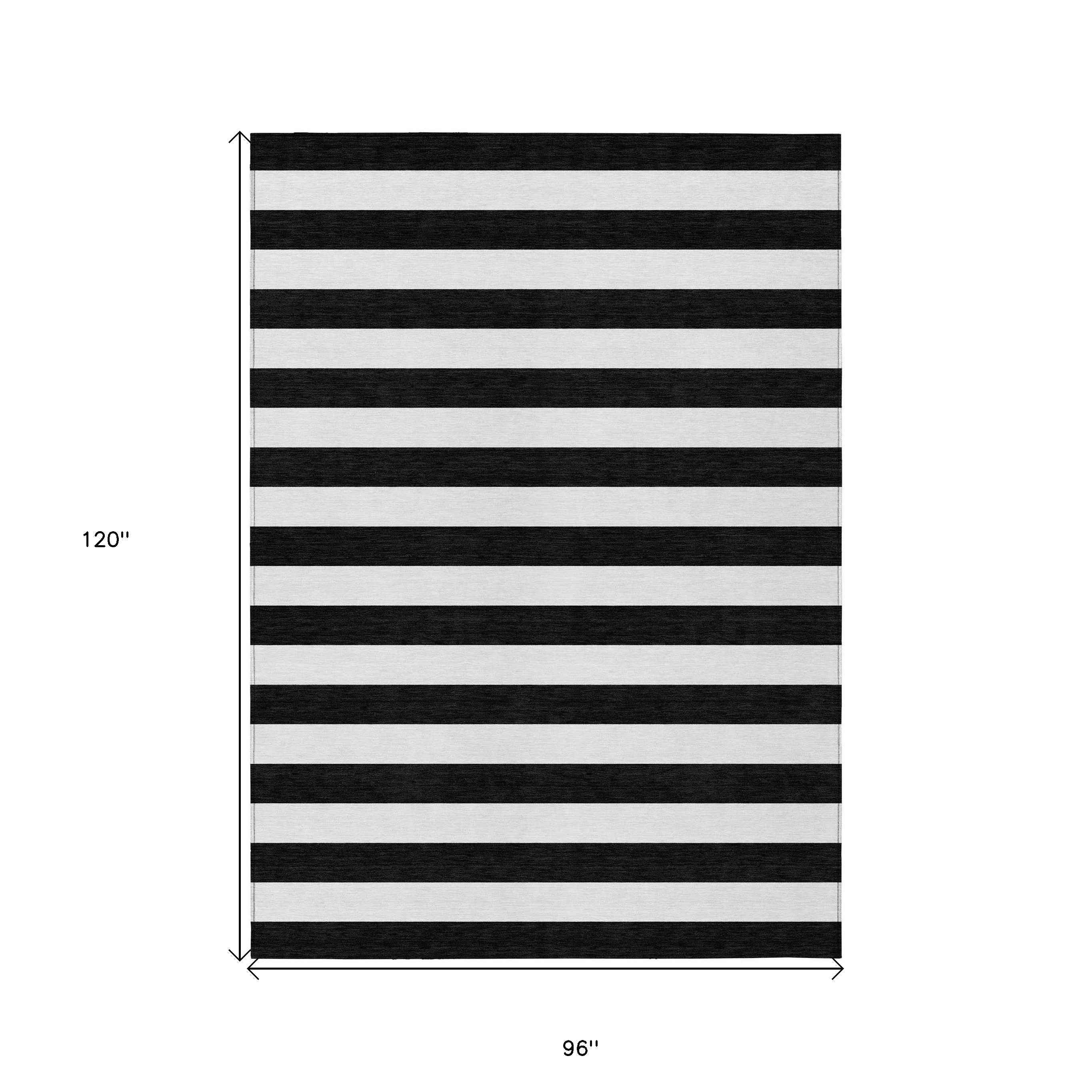 8' X 10' Black and White Striped Washable Non Skid Indoor Outdoor Area Rug