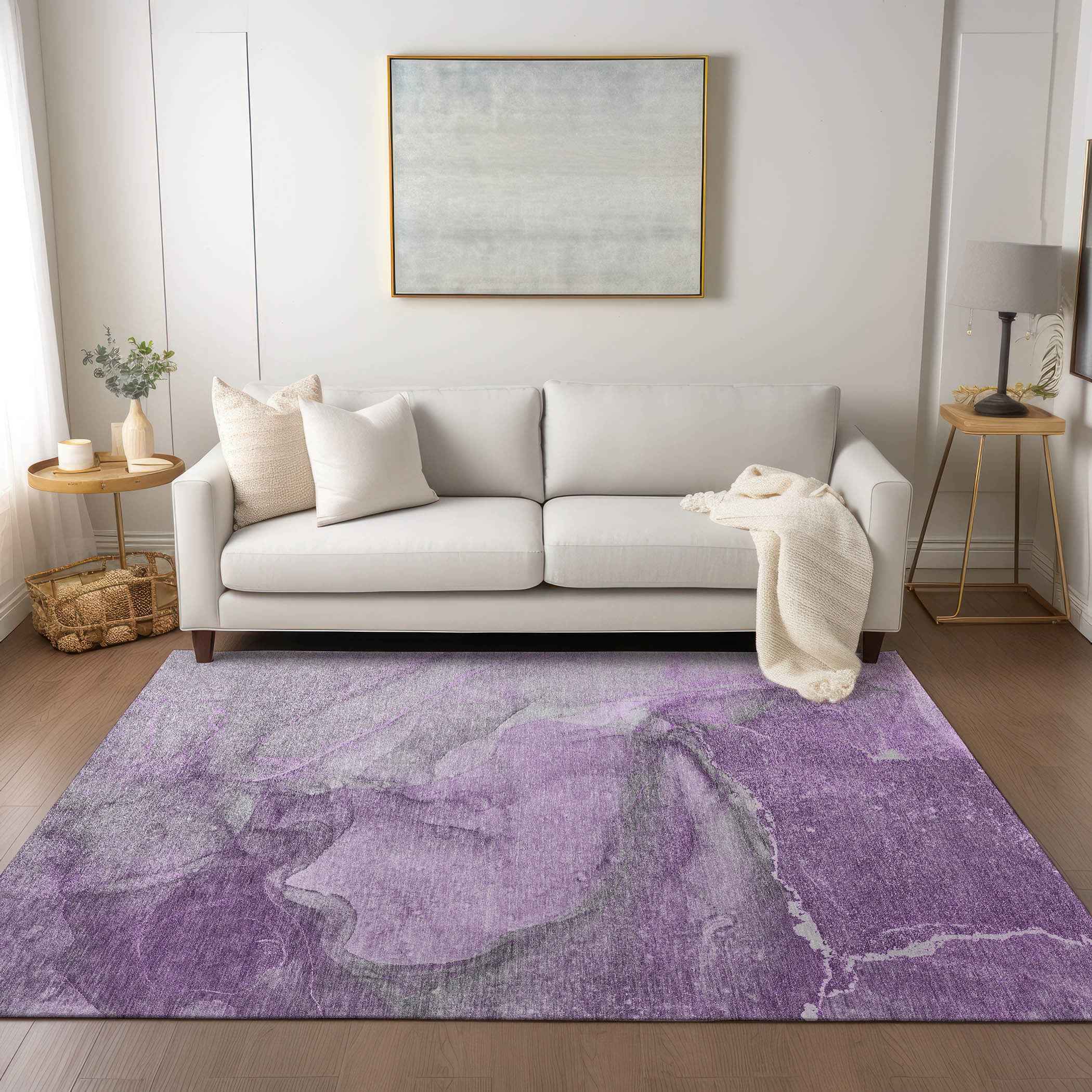 9' X 12' Lilac Abstract Washable Non Skid Indoor Outdoor Area Rug
