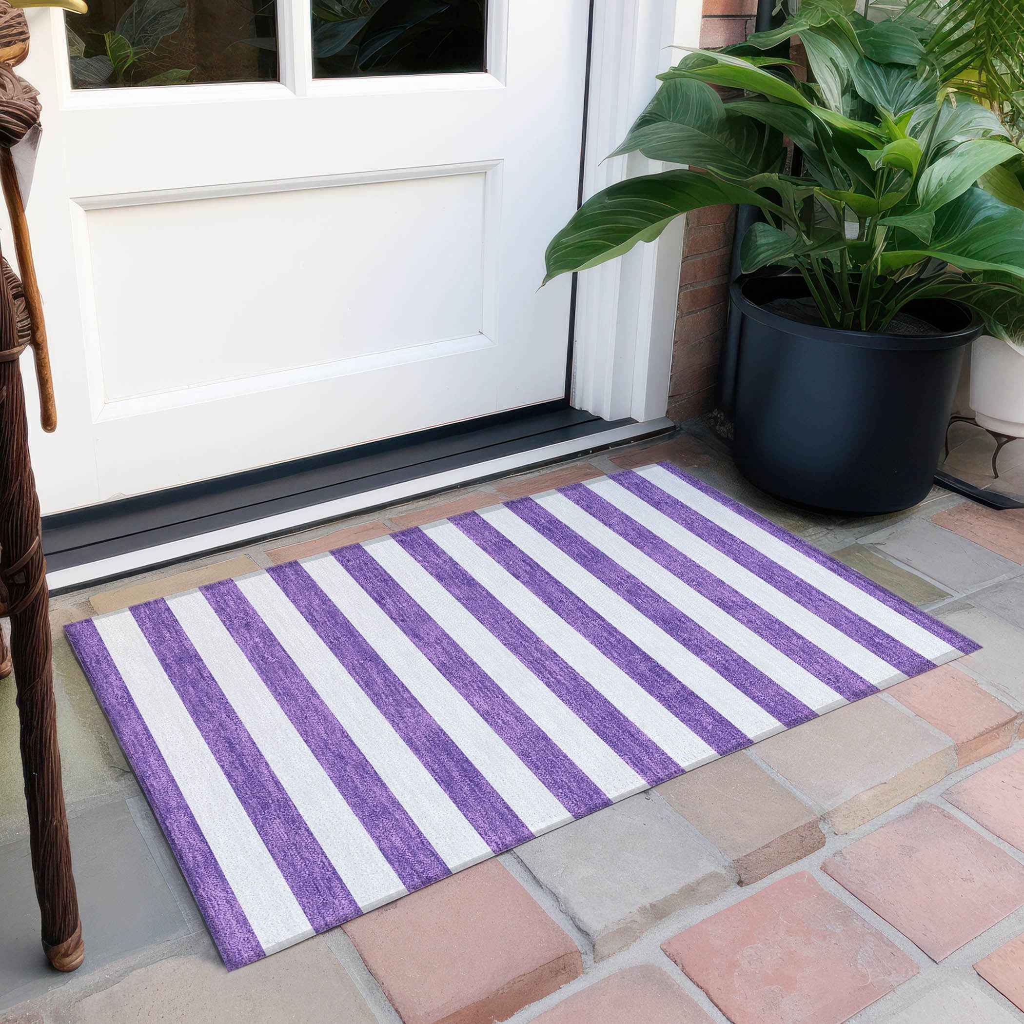 2' X 3' Purple and White Striped Washable Non Skid Indoor Outdoor Area Rug