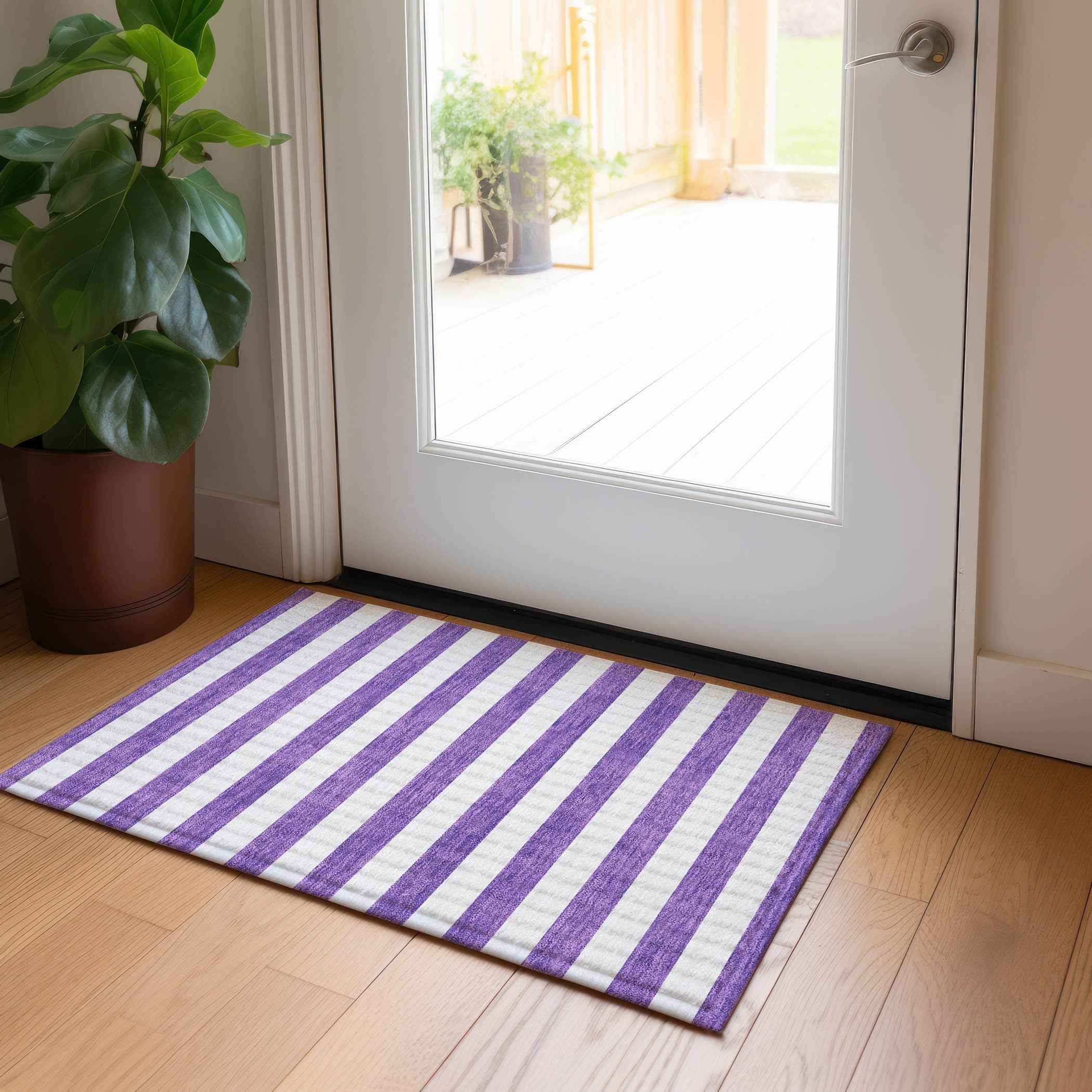 2' X 3' Purple and White Striped Washable Non Skid Indoor Outdoor Area Rug