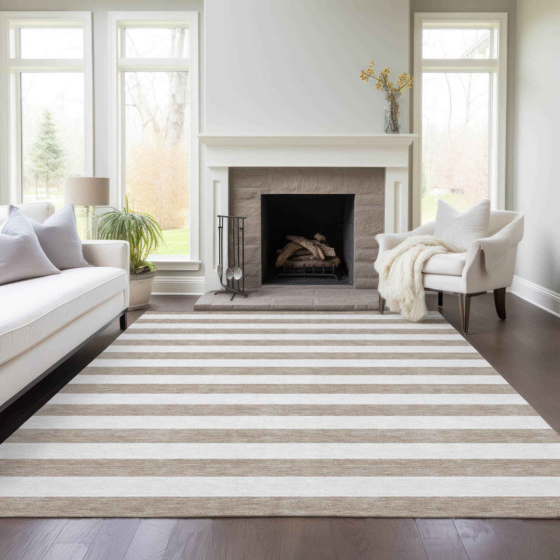 9' X 12' Taupe and White Striped Washable Indoor Outdoor Area Rug