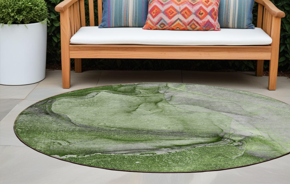 8' Round Olive Green Round Abstract Washable Non Skid Indoor Outdoor Area Rug