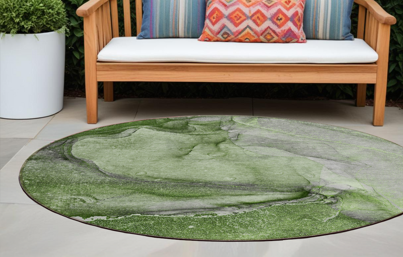 8' Round Olive Green Round Abstract Washable Non Skid Indoor Outdoor Area Rug