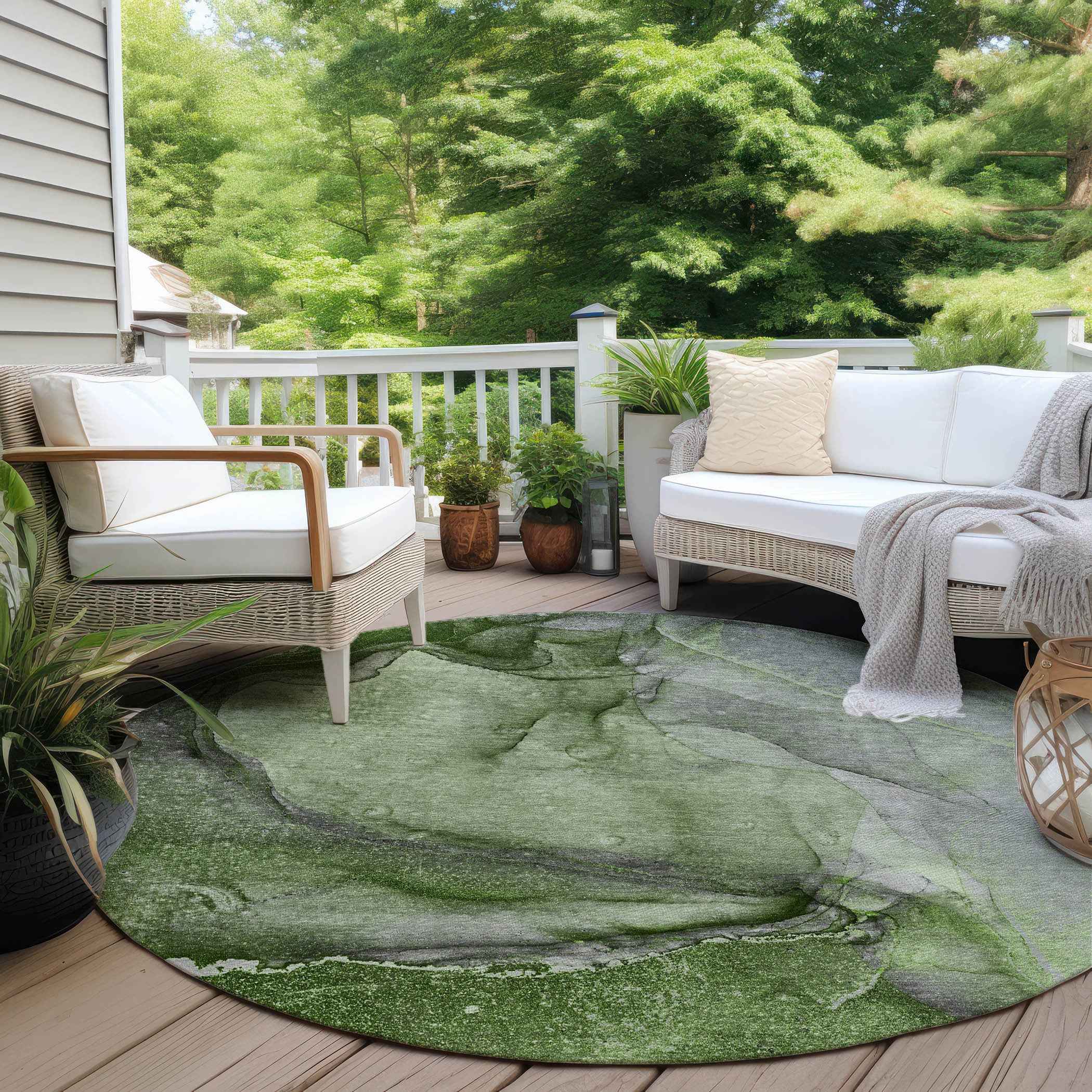 8' Round Olive Green Round Abstract Washable Non Skid Indoor Outdoor Area Rug