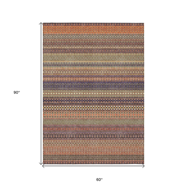 5' X 8' Orange Striped Washable Non Skid Indoor Outdoor Area Rug