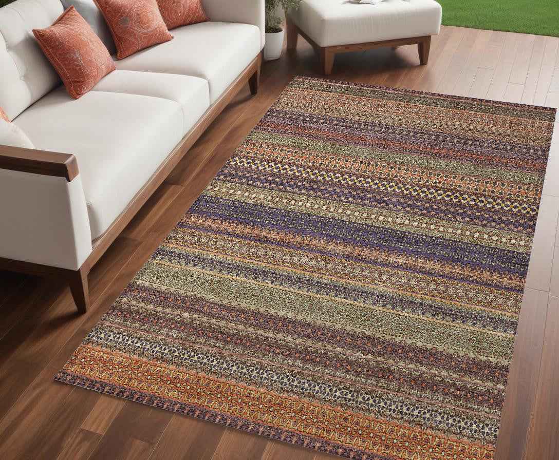 5' X 8' Orange Striped Washable Non Skid Indoor Outdoor Area Rug