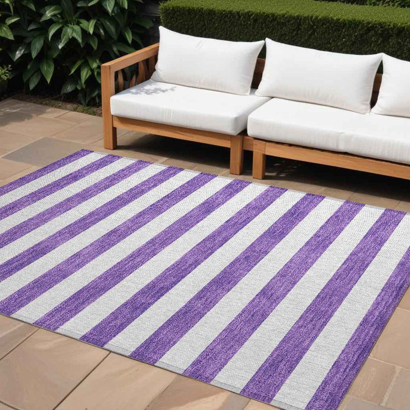 10' X 14' Purple and White Striped Washable Non Skid Indoor Outdoor Area Rug