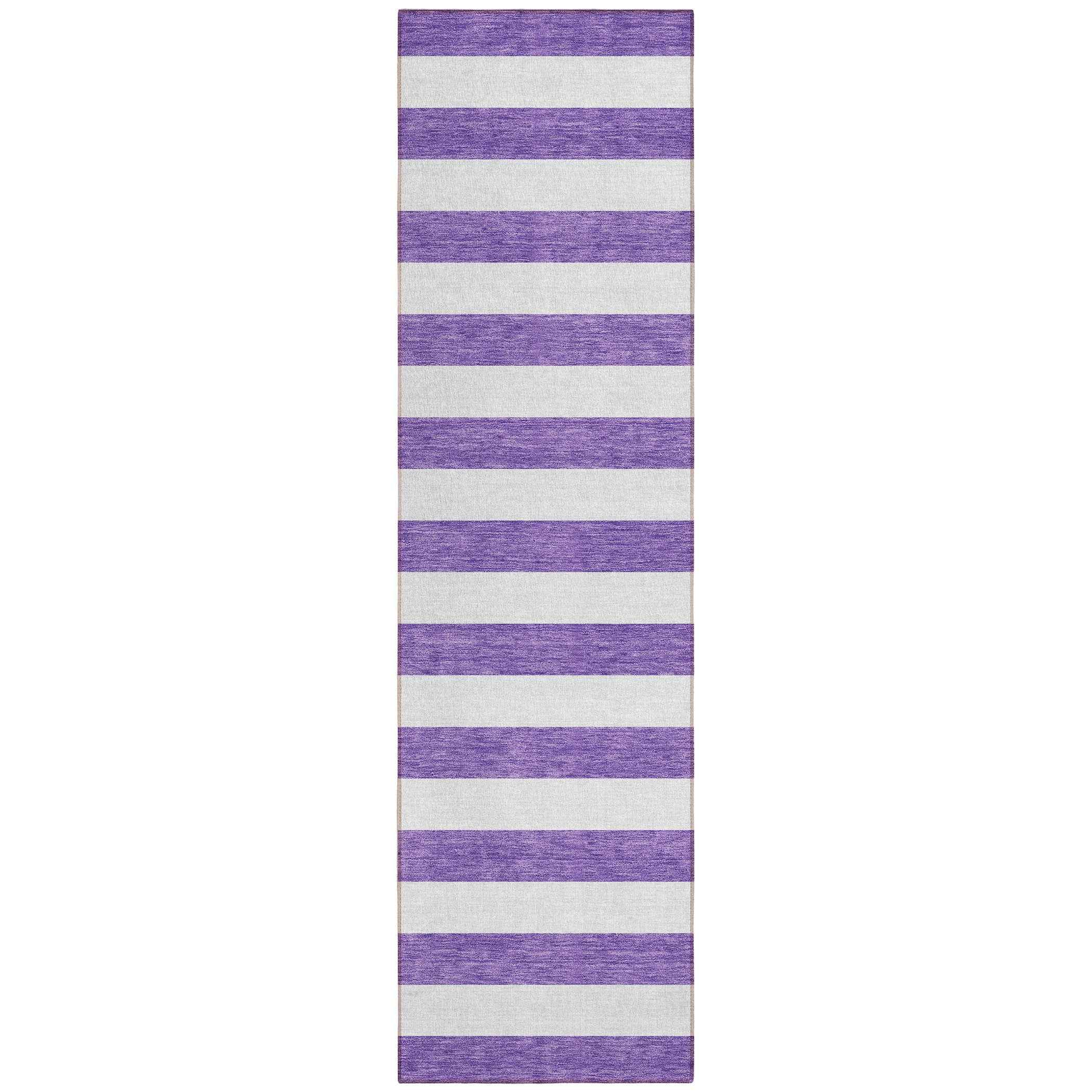 8' Runner Purple and White Striped Washable Non Skid Indoor Outdoor Runner Rug