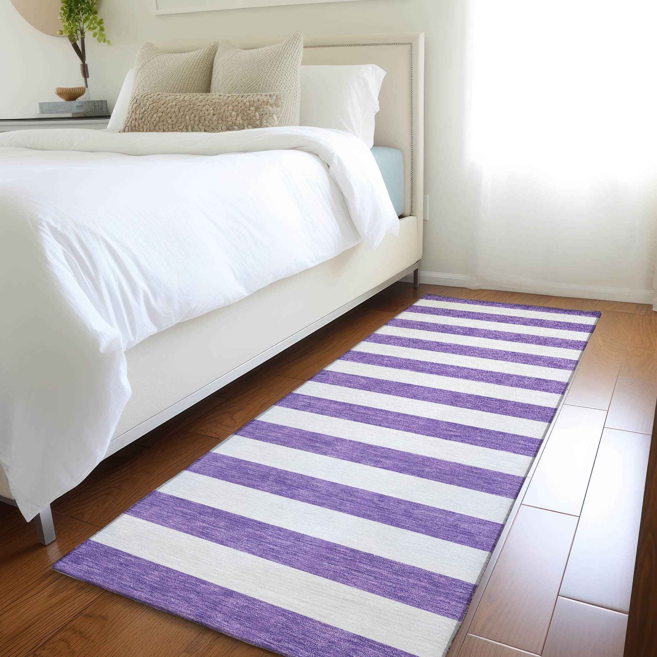 8' Runner Purple and White Striped Washable Non Skid Indoor Outdoor Runner Rug