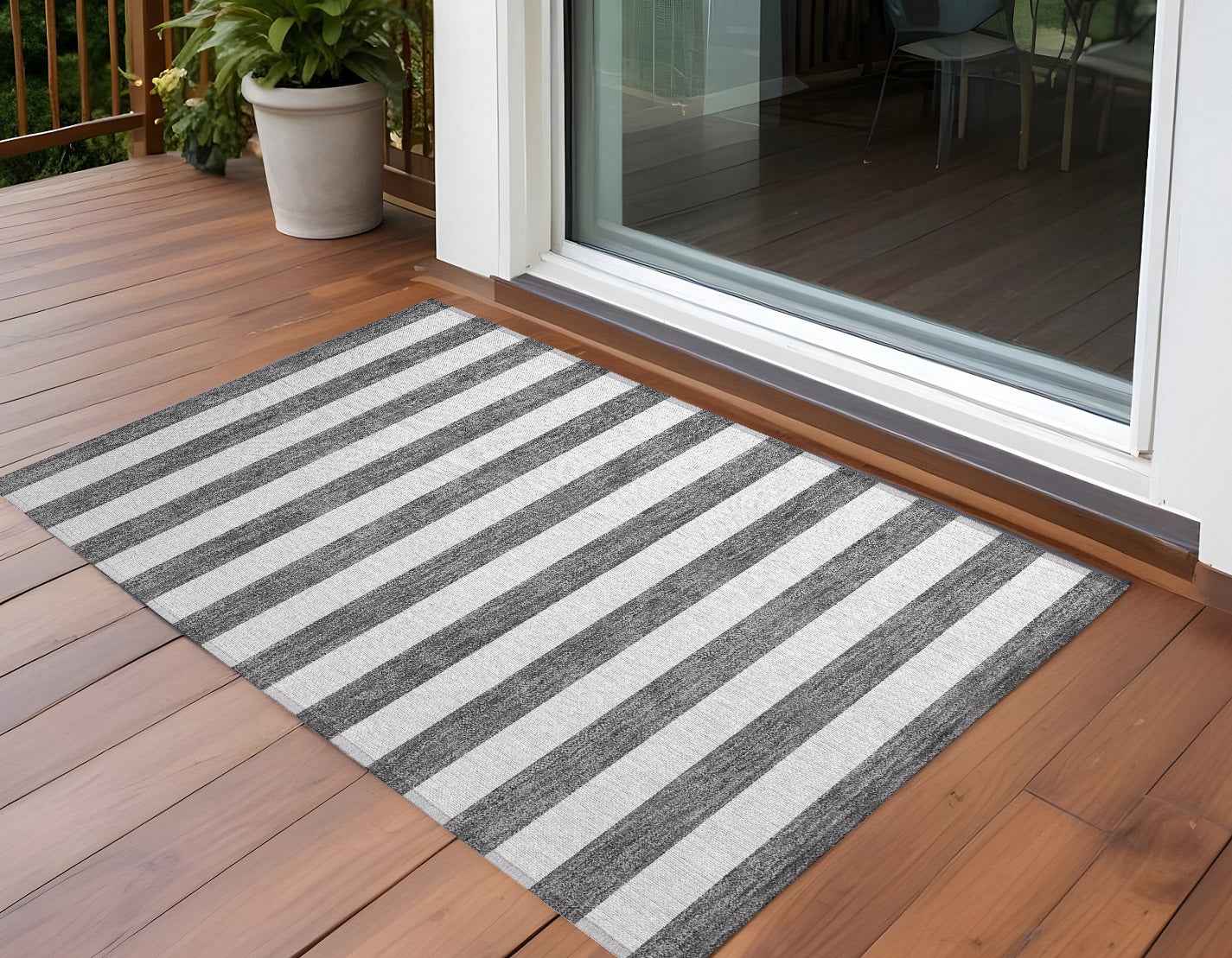 2' X 3' Charcoal Striped Washable Non Skid Indoor Outdoor Area Rug