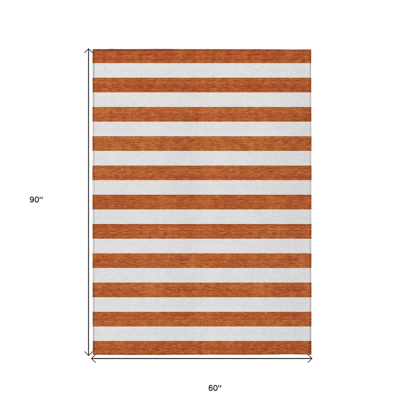 5' X 8' Orange Striped Washable Non Skid Indoor Outdoor Area Rug