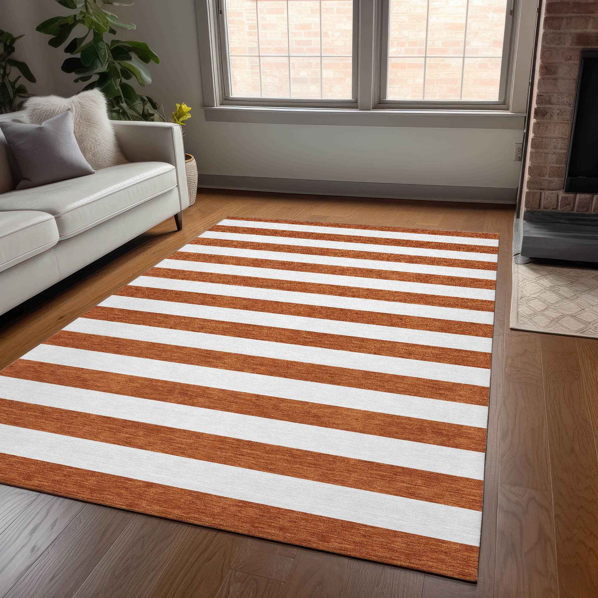 5' X 8' Orange Striped Washable Non Skid Indoor Outdoor Area Rug