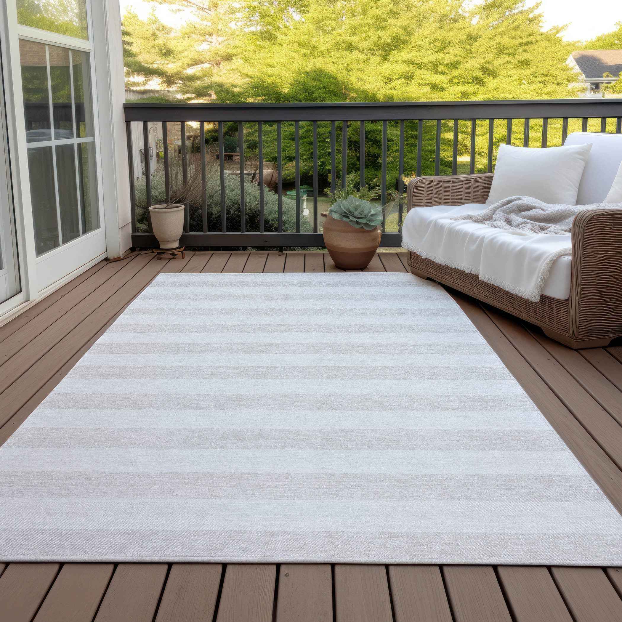 8' X 10' Ivory Striped Washable Indoor Outdoor Area Rug