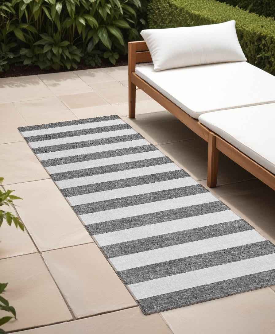8' Runner Charcoal Striped Washable Non Skid Indoor Outdoor Runner Rug