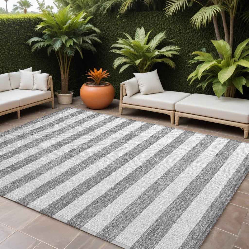 8' X 10' Gray and White Striped Washable Non Skid Indoor Outdoor Area Rug