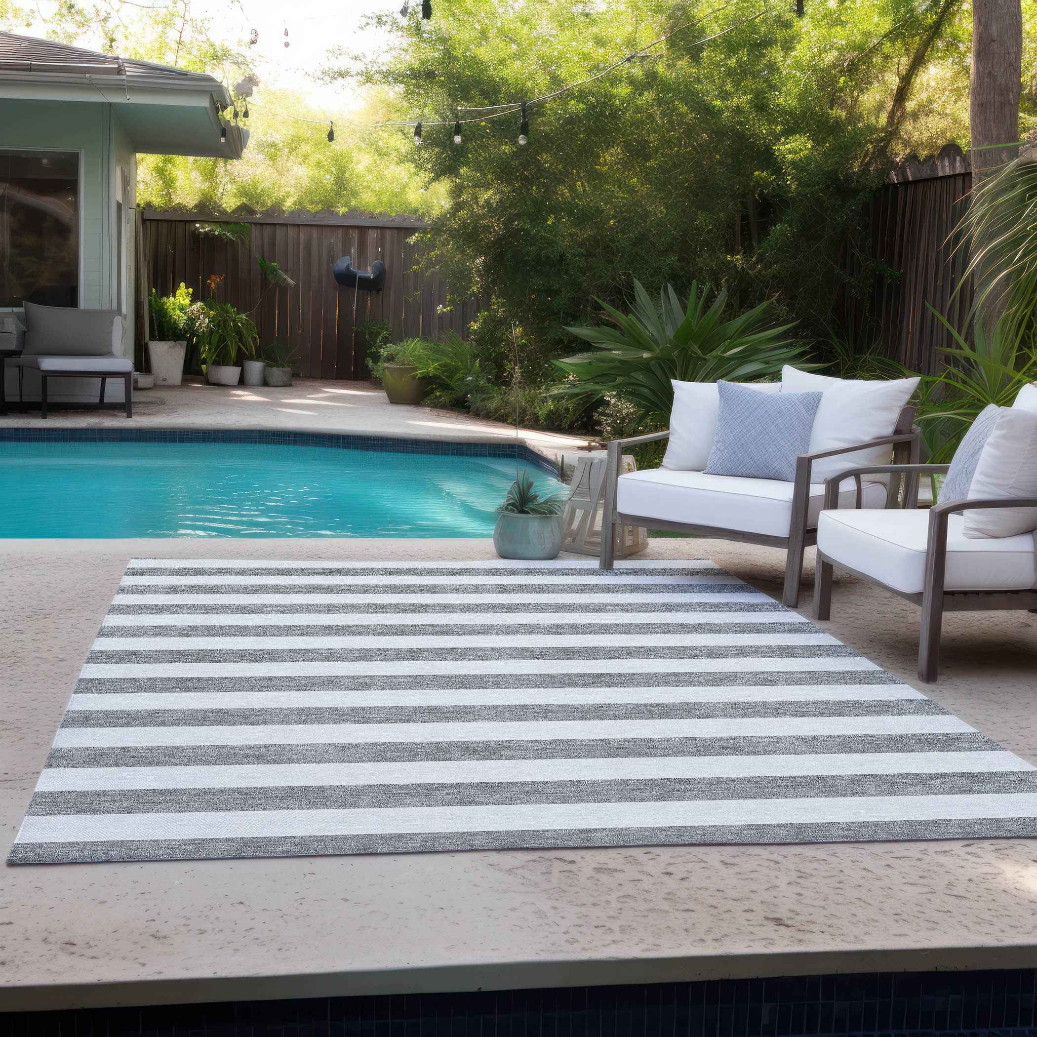 10' X 14' Gray and White Striped Washable Indoor Outdoor Area Rug