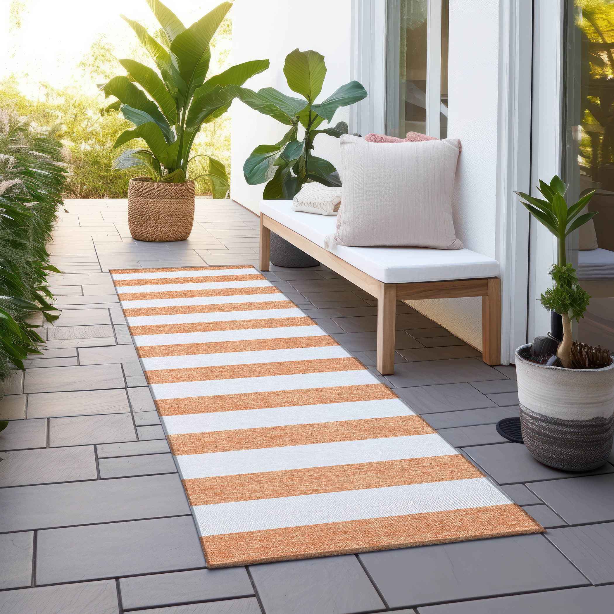 2' X 8' Salmon Striped Washable Indoor Outdoor Runner Rug