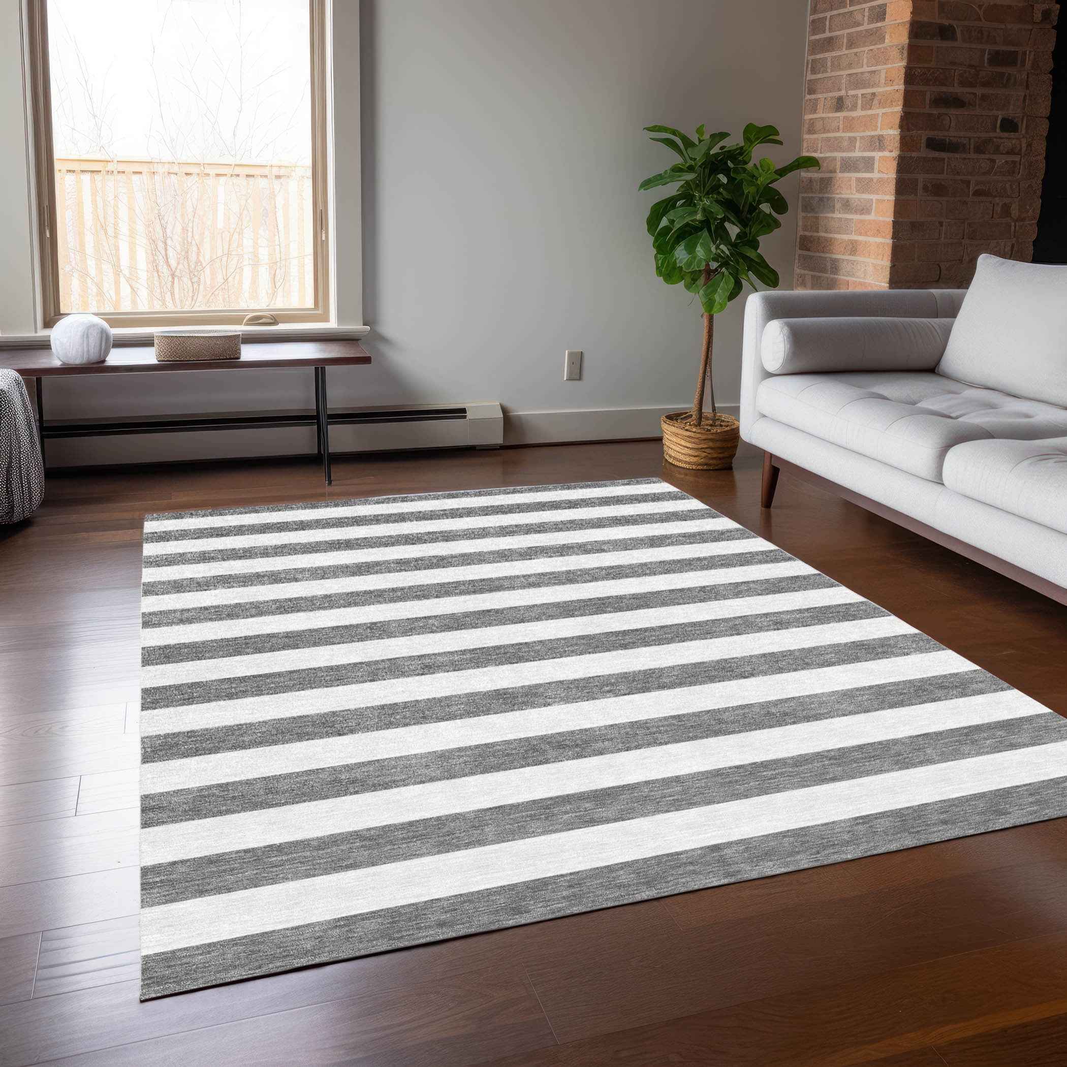 10' X 14' Gray and White Striped Washable Indoor Outdoor Area Rug