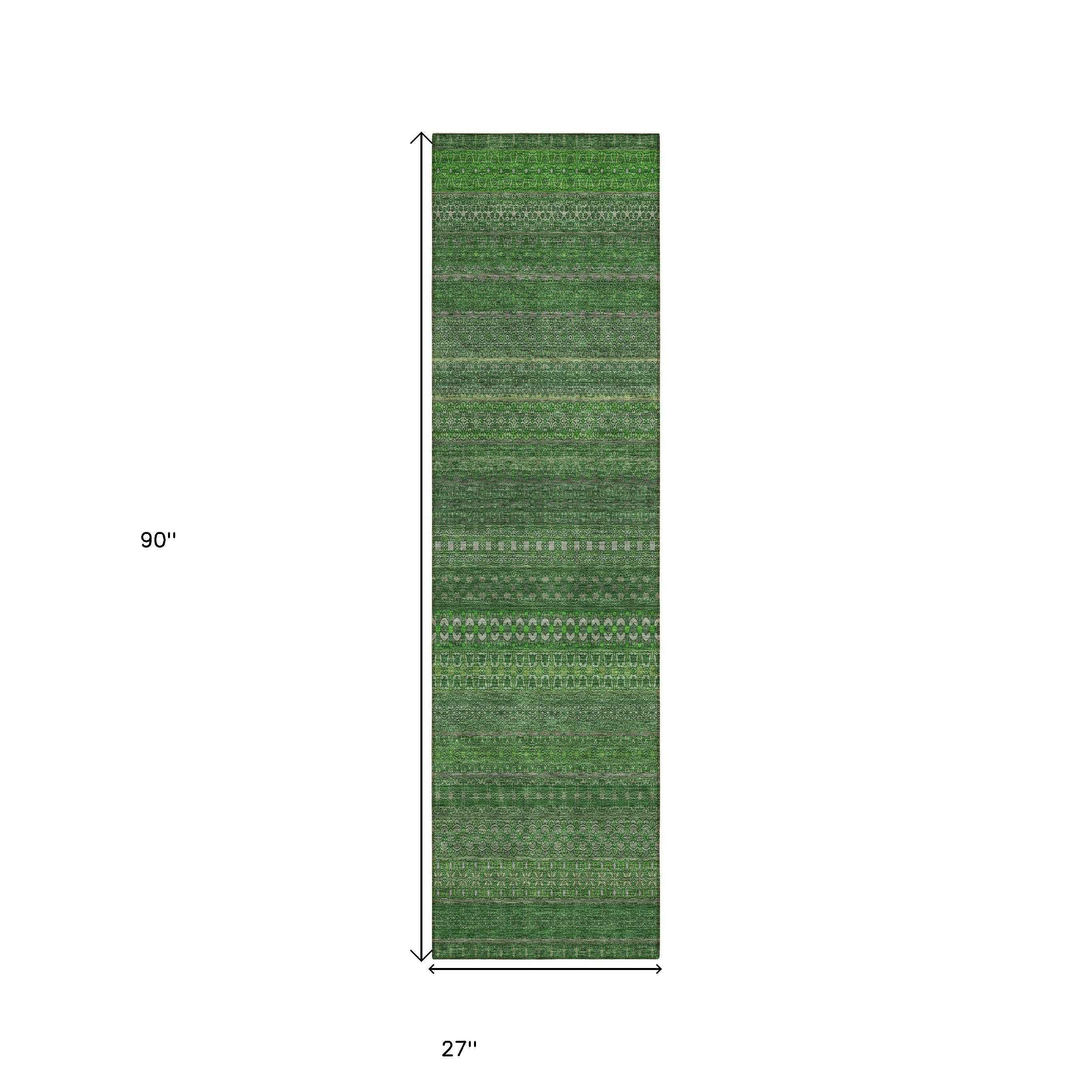 2' X 8' Fern Green Striped Washable Indoor Outdoor Runner Rug