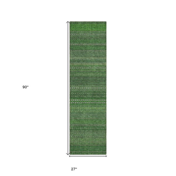 2' X 8' Fern Green Striped Washable Indoor Outdoor Runner Rug