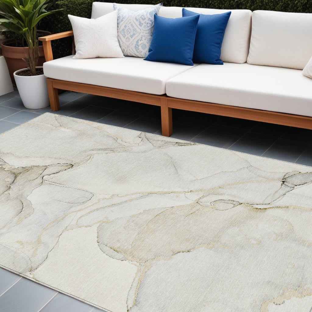 9' X 12' Beige and Ivory Abstract Washable Non Skid Indoor Outdoor Area Rug