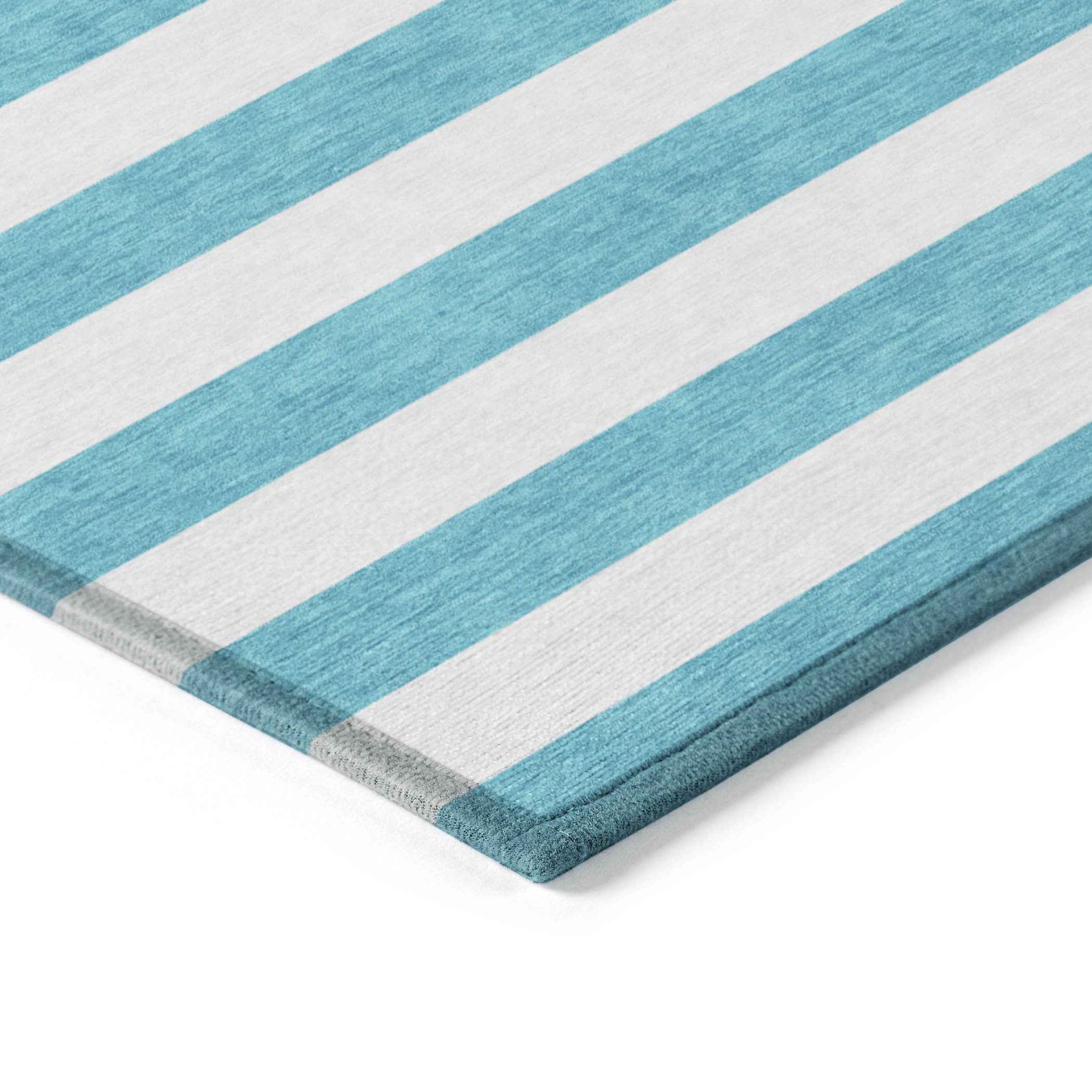 3' X 5' Teal and White Striped Washable Indoor Outdoor Area Rug