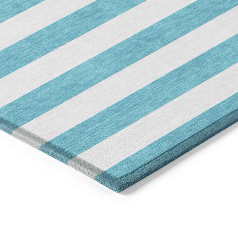 3' X 5' Teal and White Striped Washable Indoor Outdoor Area Rug