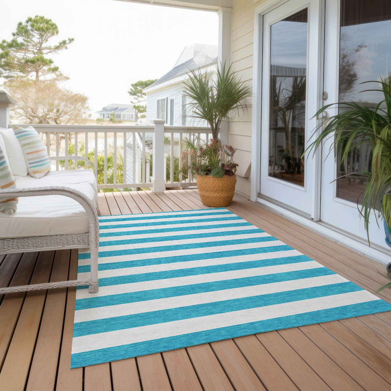 3' X 5' Teal and White Striped Washable Indoor Outdoor Area Rug