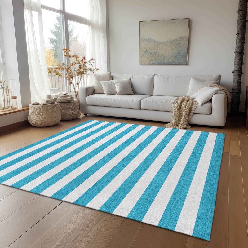 3' X 5' Teal and White Striped Washable Indoor Outdoor Area Rug