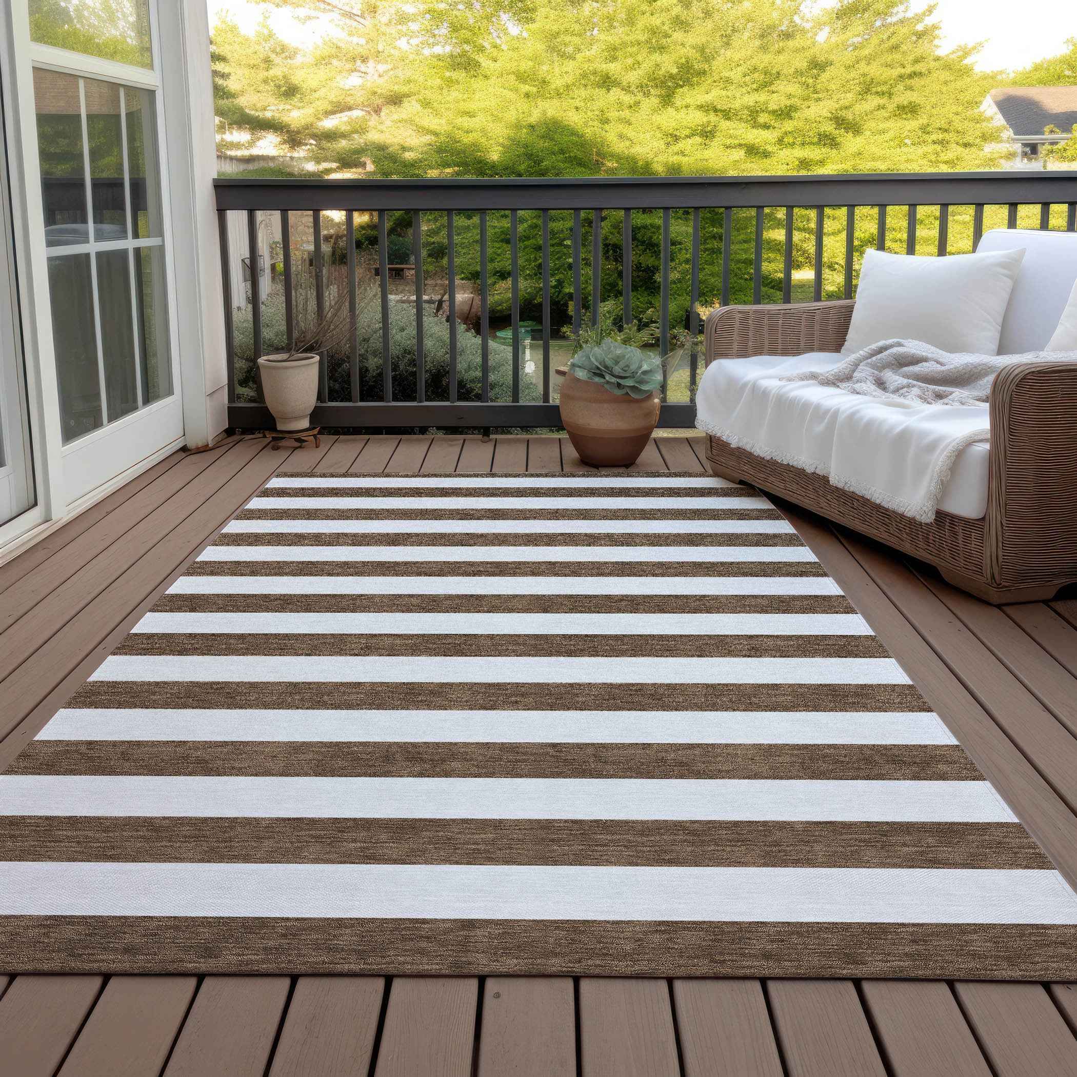 5' X 8' Chocolate Striped Washable Non Skid Indoor Outdoor Area Rug