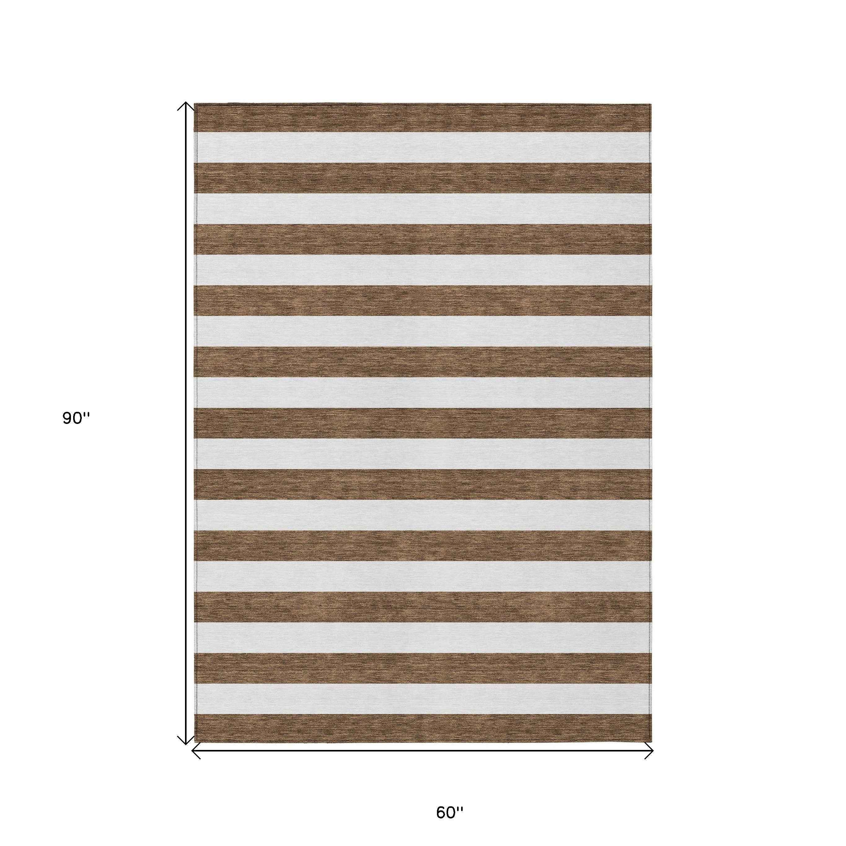 5' X 8' Chocolate Striped Washable Non Skid Indoor Outdoor Area Rug