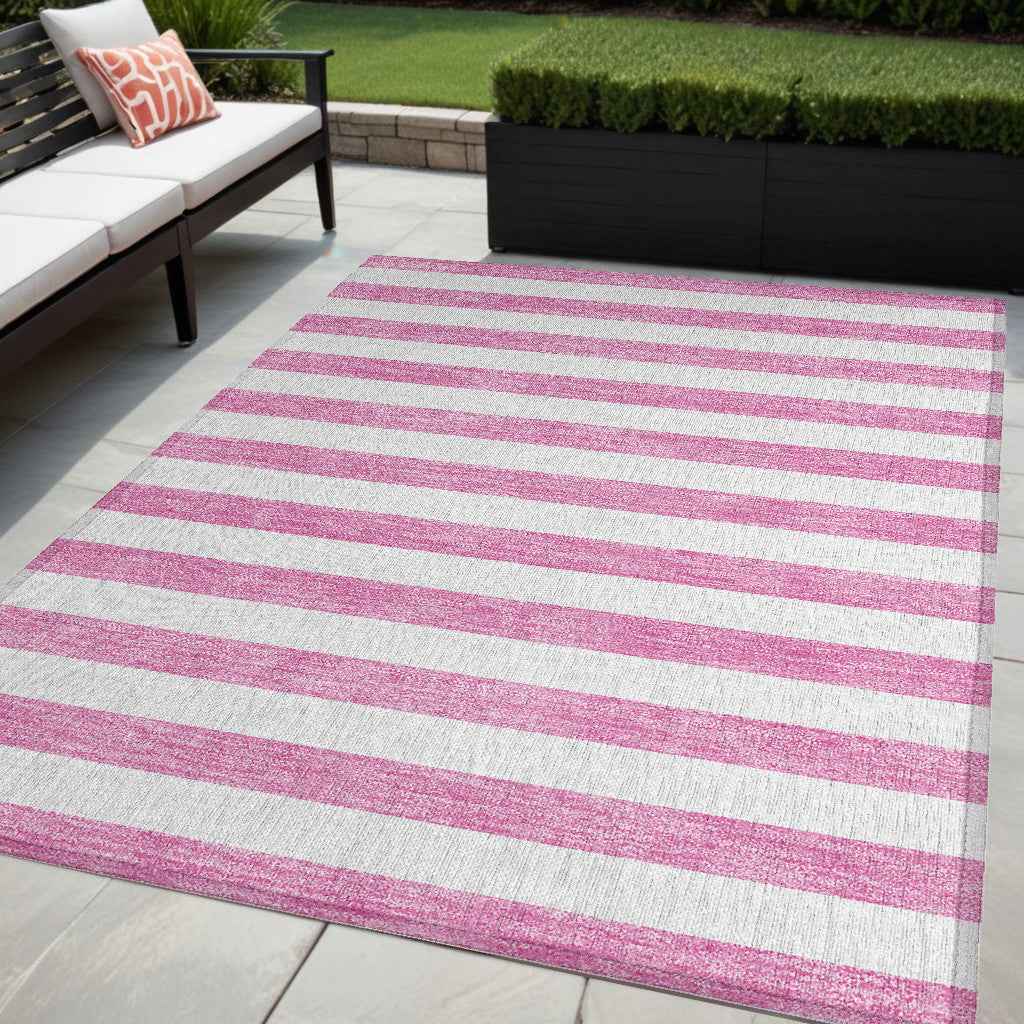 5' X 8' Pink and White Striped Washable Non Skid Indoor Outdoor Area Rug