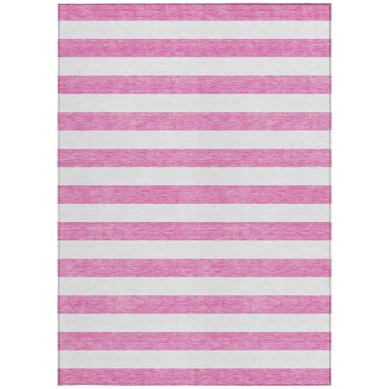5' X 8' Pink and White Striped Washable Non Skid Indoor Outdoor Area Rug
