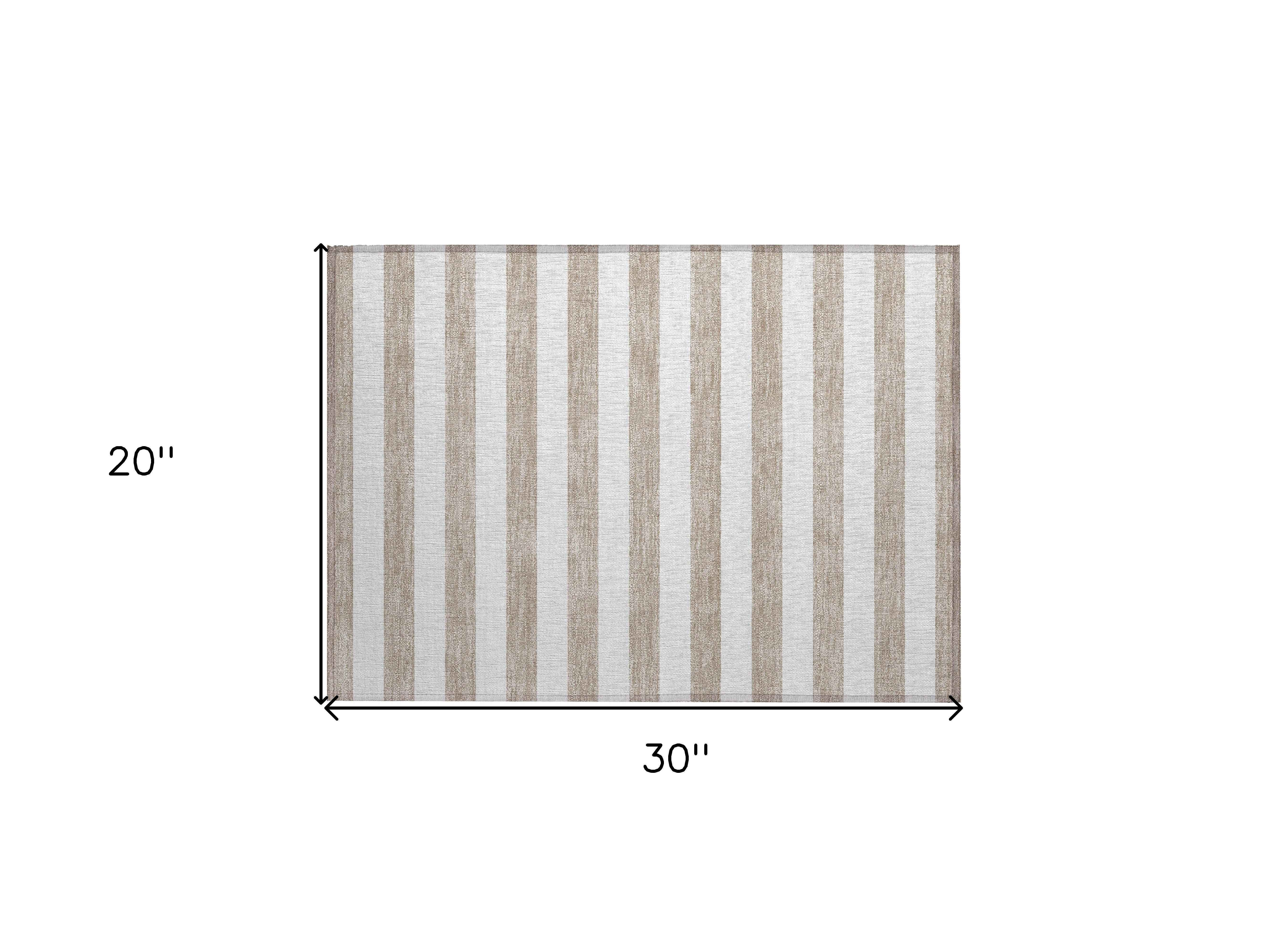 2' X 3' Taupe and White Striped Washable Indoor Outdoor Area Rug