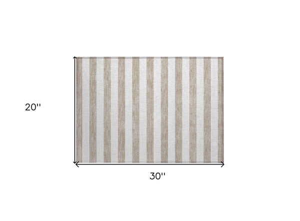 2' X 3' Taupe and White Striped Washable Indoor Outdoor Area Rug